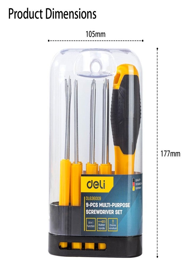 ديلي مجموعة مفكات براغي ديلي DL636009 مكونة من 9 قطع بوظيفة 8 في 1 مع رؤوس مغناطيسية ومقبض مانع للانزلاق مصنوع من مادة الكروم والفاناديوم، طقم أدوات إصلاح للأجهزة الإلكترونية والأجهزة المنزلية (عبوة واحدة، أصفر) - Image 2